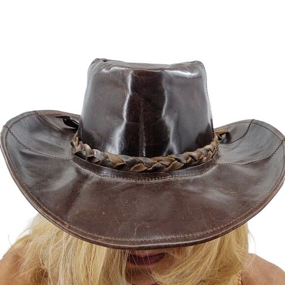 Vtg Hat Leather Cowboy Safari Distressed Braided Accent Unisex Dark Brown L 21" - Picture 10 of 10